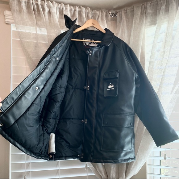 Vintage First Down Insulated PVC Casting Leather Jacket L Gorpcore Utility Biker - Picture 1 of 16